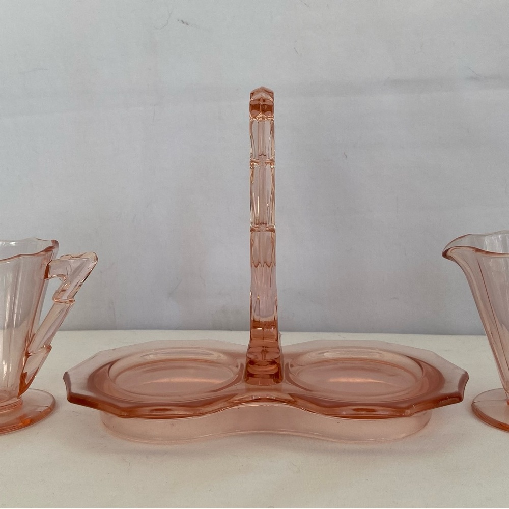 Pink Depression Glass Creamer, Sugar and Carrier w/Handle, Cambridge Decagon
